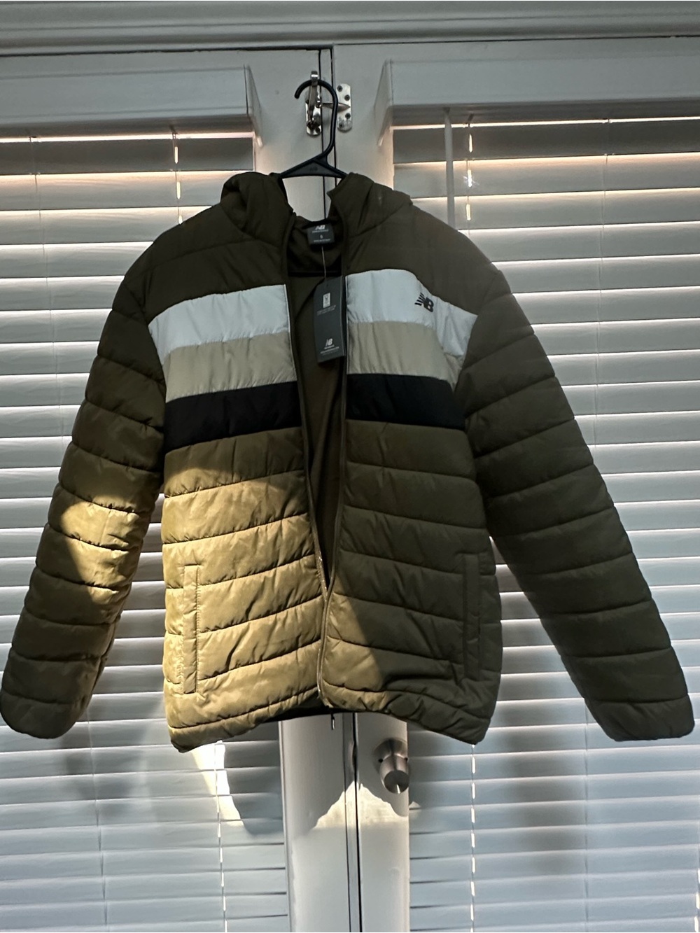 New Balance Olive Hooded Puffer Jacket with White, Cream & Black Stripes